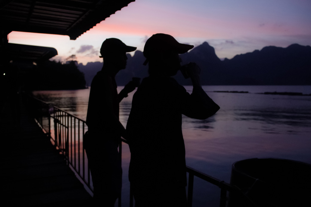 Enjoying a cup of coffee at sunrise on Cheow Lan Lake