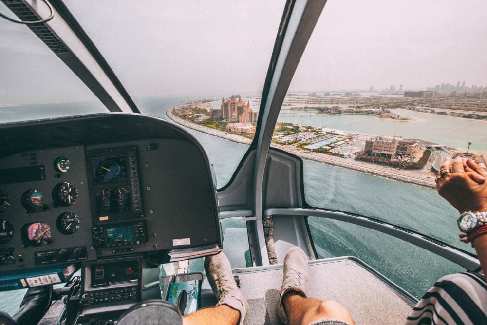 Riding a helicopter in Dubai, UAE